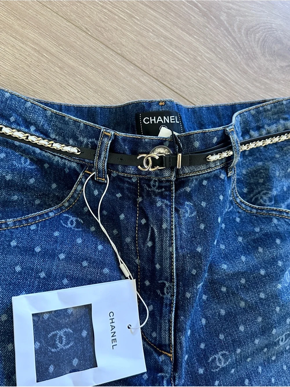 CHANEL Black Leather and Silver Chain Waist Belt with CC Logo